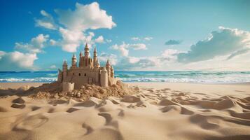 ai genererad sand slott på de strand bakgrund foto