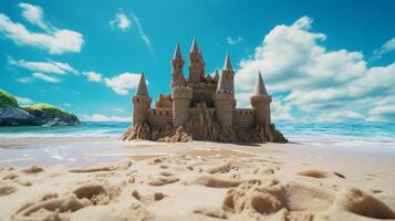 ai genererad en sand slott på de strand med blå himmel foto