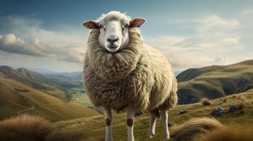 ai genererad en får står på en kulle utsikt en dal foto