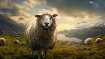 ai genererad en får är stående i en fält med Övrig får foto