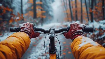 ai genererad vinter- cykling äventyr i en snöig skog foto