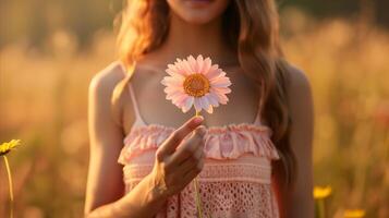 ai genererad elegant kvinna i en rosa klänning innehav en daisy i en fält foto