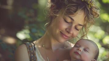 ai genererad anbud ögonblick mellan mor och bebis i naturlig miljö foto