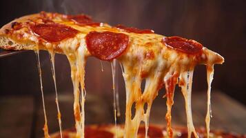 ai genererad varm smält ost på en pepperoni pizza skiva foto