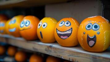 ai genererad leende apelsiner med rolig ansikten på en hylla foto