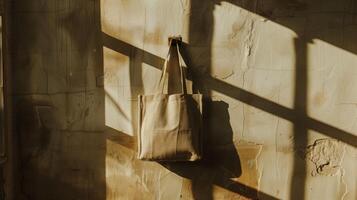 ai genererad textil- handla väska hängande från en rustik vägg krok foto
