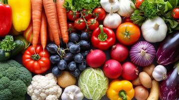 ai genererad blandad färgrik grönsaker och frukt på visa foto