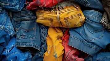 ai genererad färgrik hållbar mode jeans lugg närbild foto