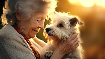 ai genererad skön gammal lady och rolig hund närbild porträtt i bakgrundsbelysning. vänskap och anbud känslor mellan mänsklig och djur- begrepp. ai genererad illustration. foto
