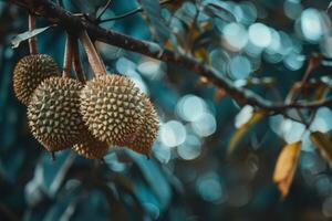 ai genererad Durian frukt hängande på en tropisk träd med taggar och frodig natur foto