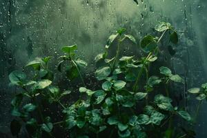 ai genererad vattenkrasse Bakom regndroppar täckt glas visning grönska och fukt i en lugn miljö foto