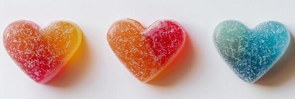 ai genererad färgrik godis hjärtan i klibbig ljuv behandlar med socker gnistra för hjärtans kärlek foto
