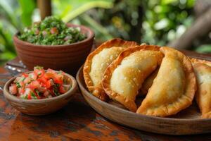 ai genererad gyllene empanadas eras med traditionell latin sidor på en trä- tallrik foto