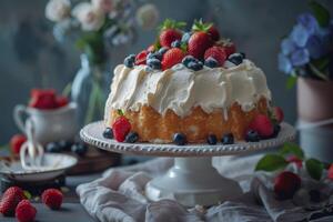 ai genererad ängel mat kaka med jordgubbar, blåbär, hallon och glasyr på ett elegant efterrätt tabell foto
