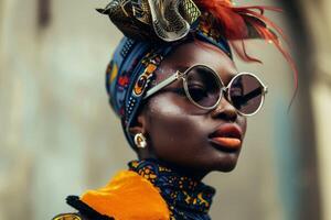 ai genererad porträtt av en modell i vibrerande afrikansk mode med solglasögon och en färgrik huvudduk foto