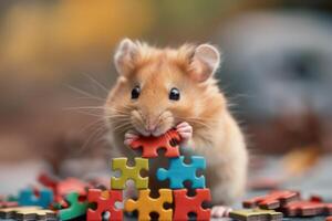 ai genererad söt hamster spelar med färgrik pussel bitar visning intelligens och utmaning foto