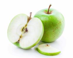 ai genererad hela grön äpple frukt med skiva isolerat på vit bakgrund. närbild skott. foto
