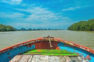 trä- båt Turné genom de mangrove skog ekosystem i indonesien foto