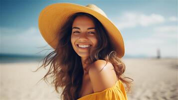 ai genererad Lycklig kvinna på strand. leende kvinna bär hatt. solig sommar dag. sommar semester och resa begrepp. ai generativ foto