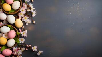 ai genererad påsk Semester bakgrund topp se. målad påsk ägg med blomning blommor. rustik bakgrund med kopia Plats. ai generativ foto