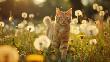 ai genererad en katt promenader genom en äng prickad med maskrosor, njuter de lugn miljö. foto