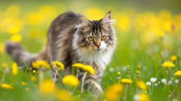 ai genererad en katt promenader genom en äng prickad med maskrosor, njuter de lugn miljö. foto