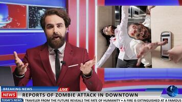 brytning Nyheter handla om zombie ge sig på. newscaster journalist presenter skrämmande information handla om farlig virus spridning runt om de befolkning, oroande evenemang av smittad människor. foto