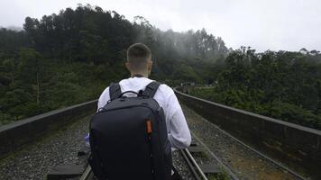 man på vandring resa på tropisk bro. handling. man på vandring spår med sten bro och järnväg. man promenader på sten bro i tropisk bergen foto