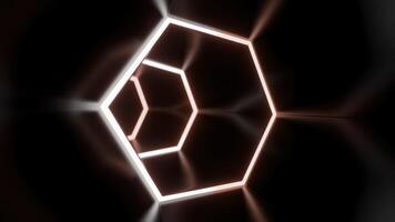 animering i rör på sig tunnel med hexagonal lysande rader. design. rörelse i roterande cyber tunnel med neon rader. mörk cyber tunnel med hexagonal neon rader foto