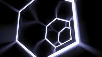 roterande cyber tunnel med neon hexagonal rader. design. rör på sig mörk tunnel med reflexion av neon rader på yta. cyber tunnel nedsänkning i virtuell verklighet foto