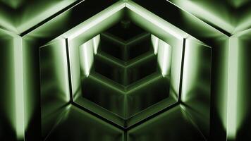 spännande cyber tunnel. design. hexagonal 3d tunnel med neon rader och metall yta. omvänd rörelse i cyber tunnel foto