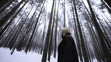 caucasian man förlorat i vinter- skog. media. desperat ung hipster man är kall med hans röd hud bland träd och snö. foto