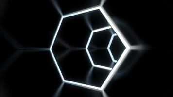 flygande inuti mörk virtuell tunnel med neon hexagonal rutnät. design. ljus neon rutnät av hexagoner i de ändlös böjning korridor. foto