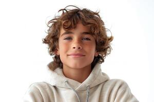 ai genererad porträtt av en söt pojke med lockigt hår isolerat på vit bakgrund foto