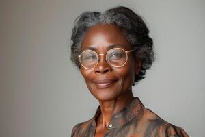 ai genererad porträtt av leende senior afrikansk kvinna i glasögon på en fast grå bakgrund foto