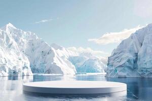 ai genererad produkt podium skede presentaion med glaciär bakgrund för annons foto