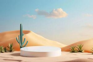 ai genererad produkt podium presentation med öken- sand sanddyner bakgrund foto