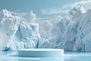 ai genererad produkt podium skede presentaion med glaciär bakgrund för annons foto