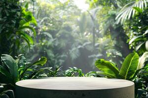 ai genererad cirkulär produkt podium presentation med djungel tropisk växter bakgrund foto