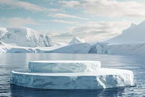 ai genererad produkt podium skede presentaion med glaciär bakgrund för annons foto