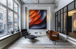 ai genererad stor abstrakt målning hänger i de Centrum av rum med läder soffa och stol i främre av Det. foto