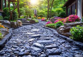 ai genererad de sten väg är i de kinesisk stil trädgård foto