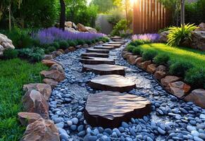 ai genererad de sten väg är fodrad med dekorativ stenar i de trädgård de Sol är lysande foto