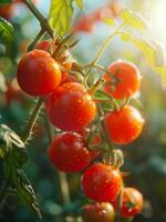 ai genererad färsk röd mogen tomater växande på de vin i de trädgård foto