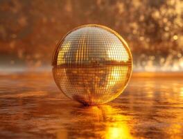 ai genererad disco boll. gyllene disco boll på våt yta reflekterande de solnedgång. disko boll mot en gyllene bakgrund foto