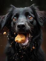 ai genererad svart hund är äter kex med dess mun bred öppna. en hund äter en bit av mat och som visar hans tänder foto