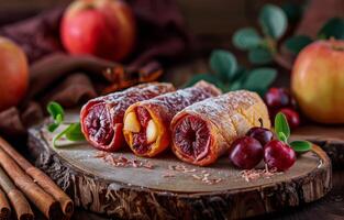 ai genererad hemlagad strudel med plommon och äpplen på trä- bakgrund. handgjort frukt pastiller foto