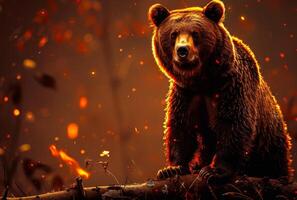 ai genererad brun Björn i de skog på natt foto