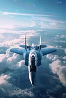 ai genererad militär kämpe jet flugor hög i de himmel ovan de moln. foto
