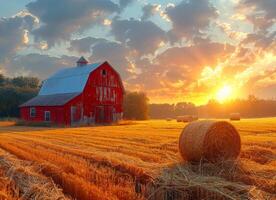 ai genererad röd ladugård och hö balar sitta i fält på solnedgång foto
